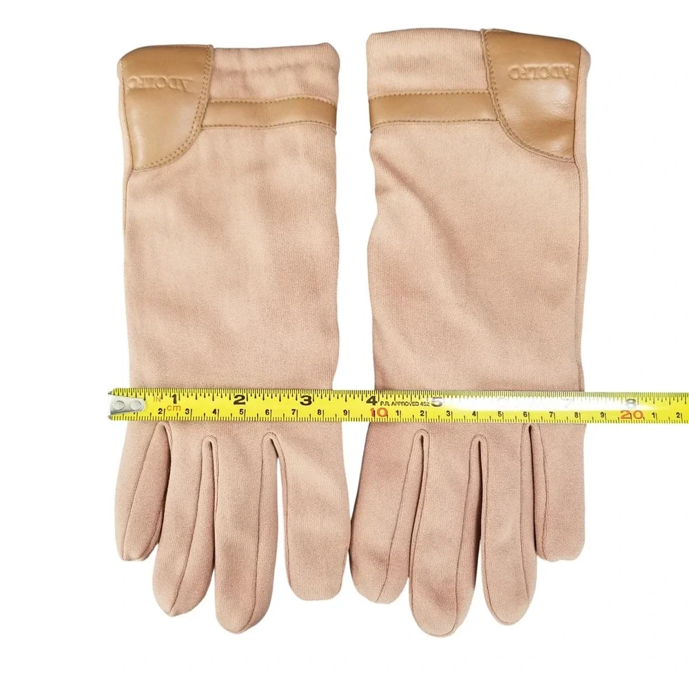 Adolfo Womens Tan Nylon Winter‎ Gloves Faux Leather Palm Acrylic Lined One Size